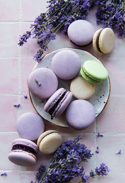 French macarons with lavender flavor and fresh lavender flowers on a  tile background