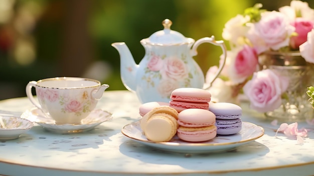 French macaroons on a porcelain plate with a cup of coffee