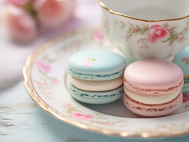 French macaroons on a porcelain plate with a cup of coffee