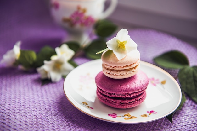 French macaroons with white flowers