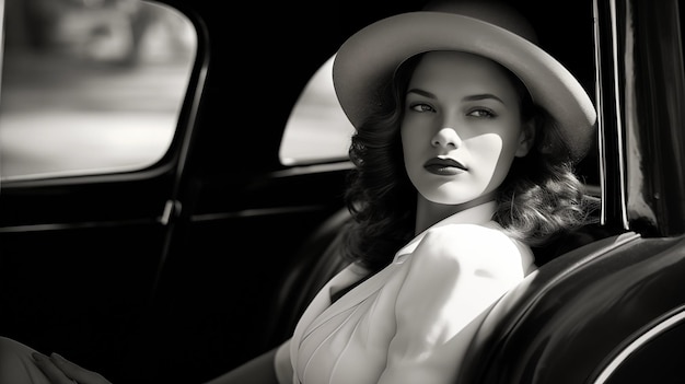 A french model sitting in a vintage car from the 30s