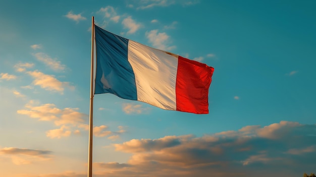 French National Flag Against a Sunset Sky with Expansive Clouds and Calm Atmosphere