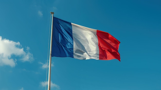 French National Flag Waving Against Clear Blue Sky in Daylight