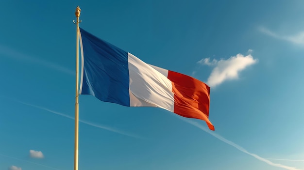 French National Flag Waving Against Clear Blue Sky on a Sunny Day in France