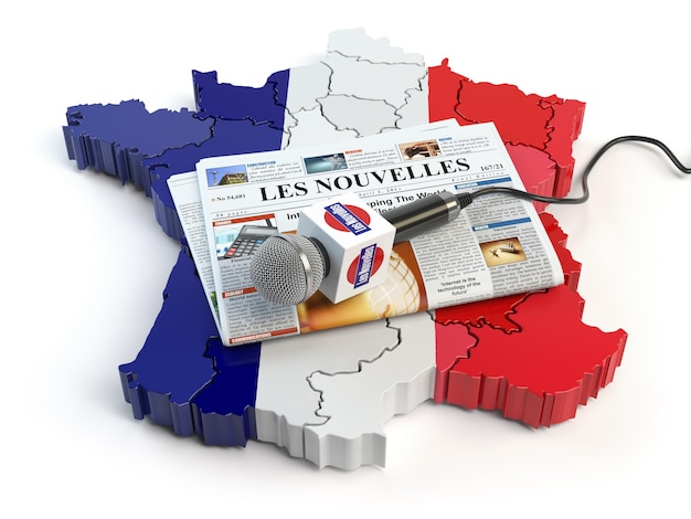 Photo french news press and journalism concept microphone and newspaper with headline les nouvelles french for newson the map in colors of the flag of france