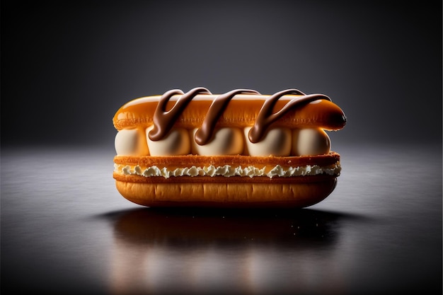 A french pastry with chocolate sauce and caramel on top.