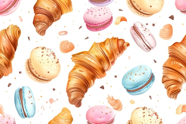 French Patisserie sweet Croissants and macarons on simple background wallpaper for baking goods or pastry shop