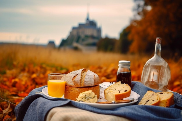 French picnic in autumn with mont saintmichel on background Generative AI