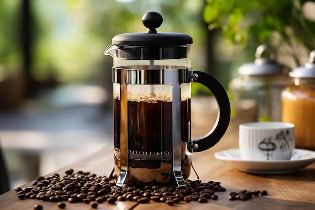 A French press featuring a choice of black tea or espresso coffee Generative Ai