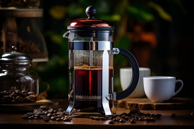 A French press featuring a choice of black tea or espresso coffee Generative Ai