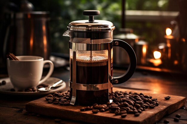 A French press filled with steeping coffee grounds and hot water