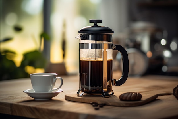 French Press with Black Tea or Espresso Coffee Generative AI