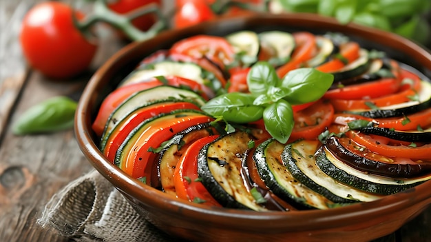 Photo french ratatouille with fresh vegetables and basil in rustic ceramic dish for elegant dining