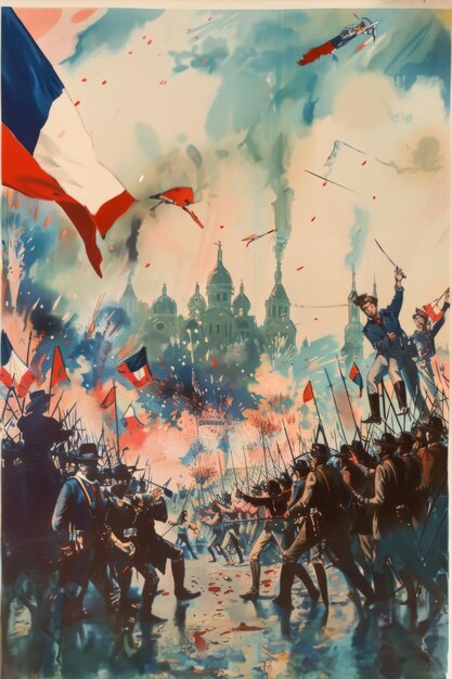 French Revolution Battle Scene with Flags and Soldiers