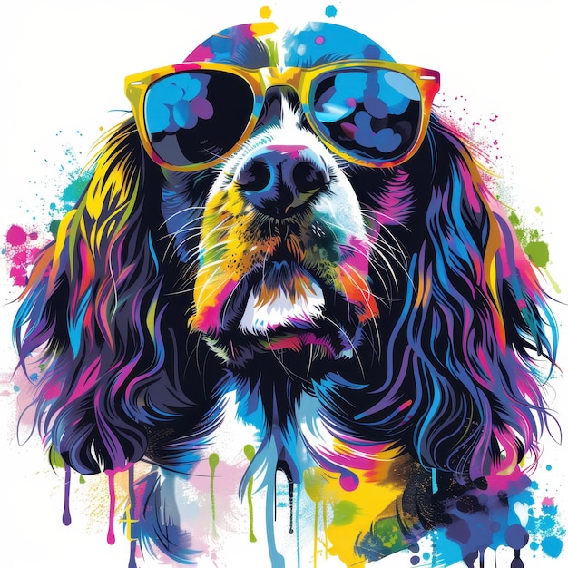 French Spaniel dog wearing sunglasses in colorful pop art style