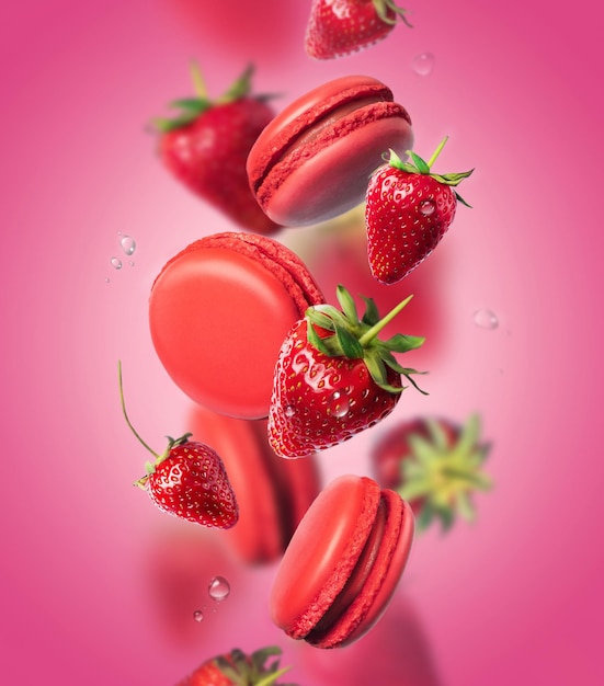 French strawberry macarons with berries on the air Concept of levitation Pink background