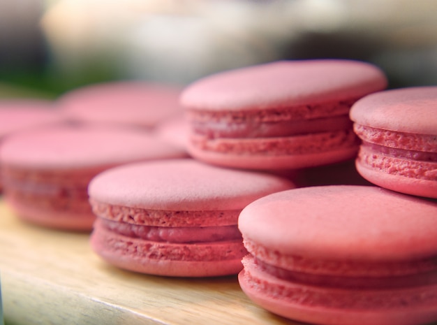 French Strawberry Macaroons, Sweet Pink Almond Macarons or French sweet cookie.