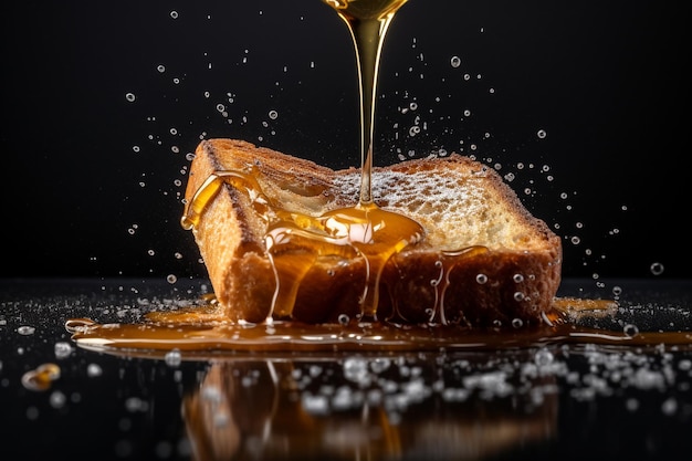 A french toast with caramel sauce being poured over it