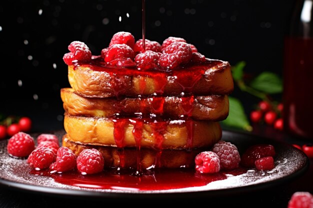 Photo french toast with a drizzle of raspberry sauce and a sp