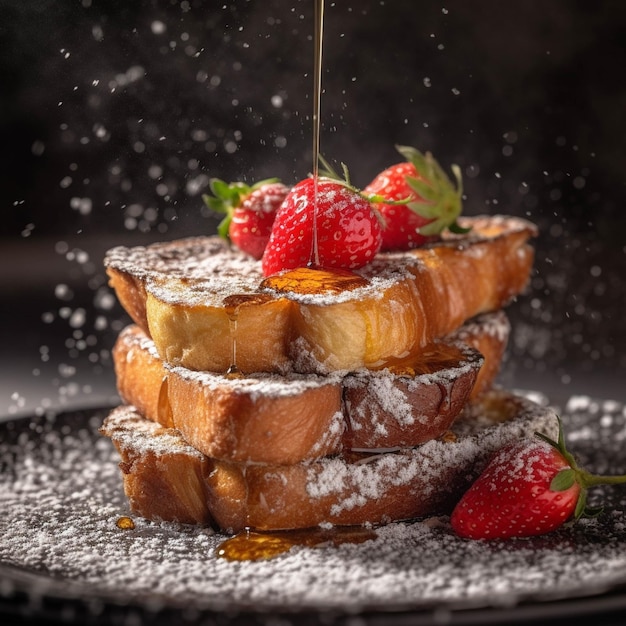 French toast with strawberries and powdered sugar on black background