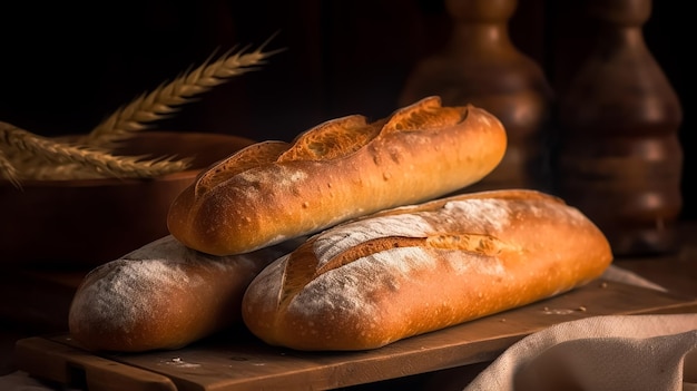 French Traditional baguette Bread and wheat on a table