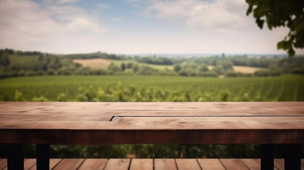 A French vineyard serves as the clouded foundation for an cleanse wooden table Creative resource AI Generated