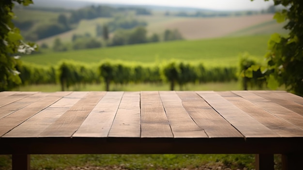 A French vineyard serves as the clouded foundation for an cleanse wooden table Creative resource AI Generated