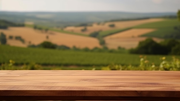 A French vineyard serves as the clouded foundation for an cleanse wooden table Creative resource AI Generated