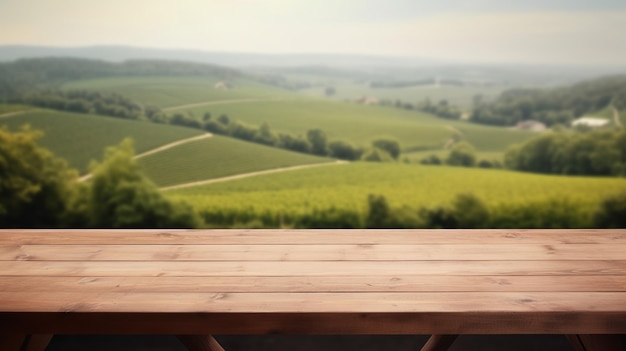 A French vineyard serves as the clouded foundation for an cleanse wooden table Creative resource AI Generated