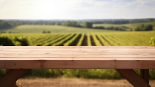 A French vineyard serves as the clouded foundation for an cleanse wooden table Creative resource AI Generated