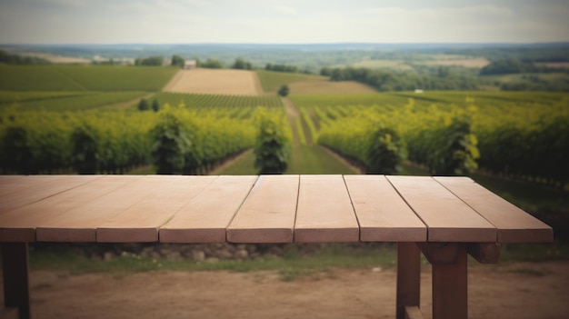 A French vineyard serves as the clouded foundation for an cleanse wooden table Creative resource AI Generated