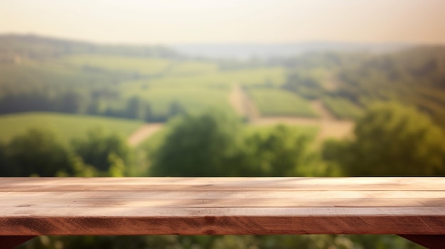 A French vineyard serves as the clouded foundation for an cleanse wooden table Creative resource AI Generated