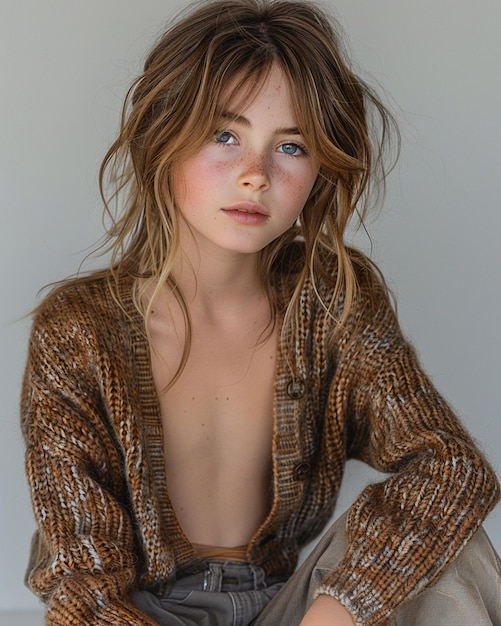 An French Young Girl In A Flat White Background