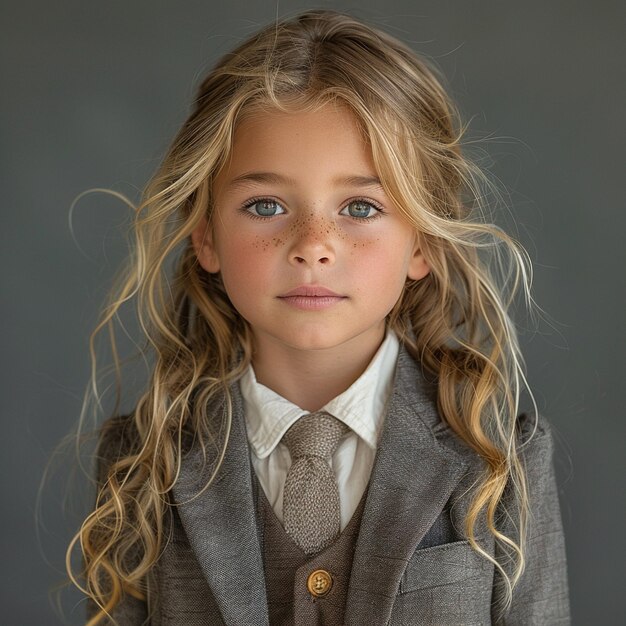 Photo an french young girl in a neutral grey background wallpaper