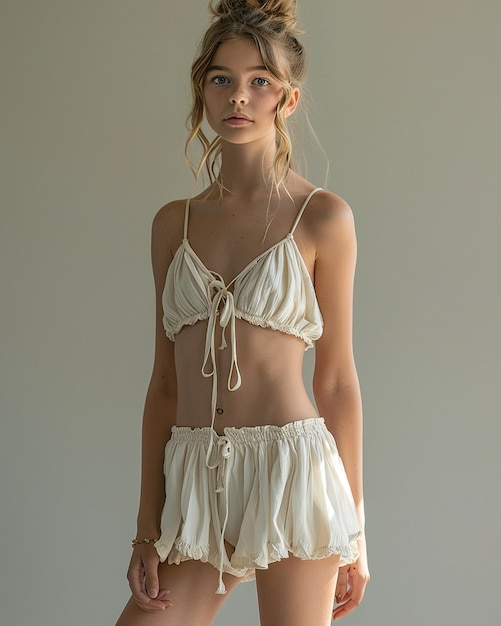 An French Young Girl In A Solid White Background