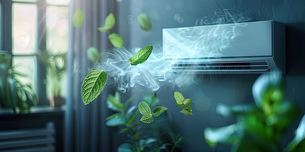 fresh air coming from an air conditioner or humidifier mint leaves the concept of freshness