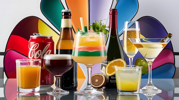 Fresh alcohol drinks collage cocktail cola beer winechampagneorange juicemargaritamartini