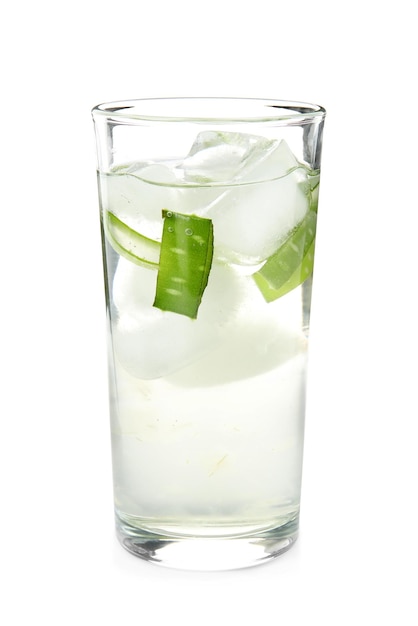 Fresh aloe drink with ice cubes in glass isolated on white