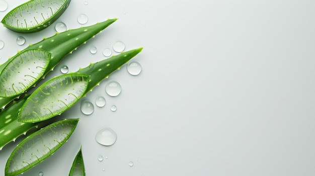 Photo fresh aloe vera leaves with clear water drops on a white background this minimalistic and modern image captures the essence of natural skincare ingredients perfect for health and beauty concepts ai