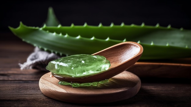 Fresh aloe vera stem slices and gel on wooden table skin therapy concept copy space