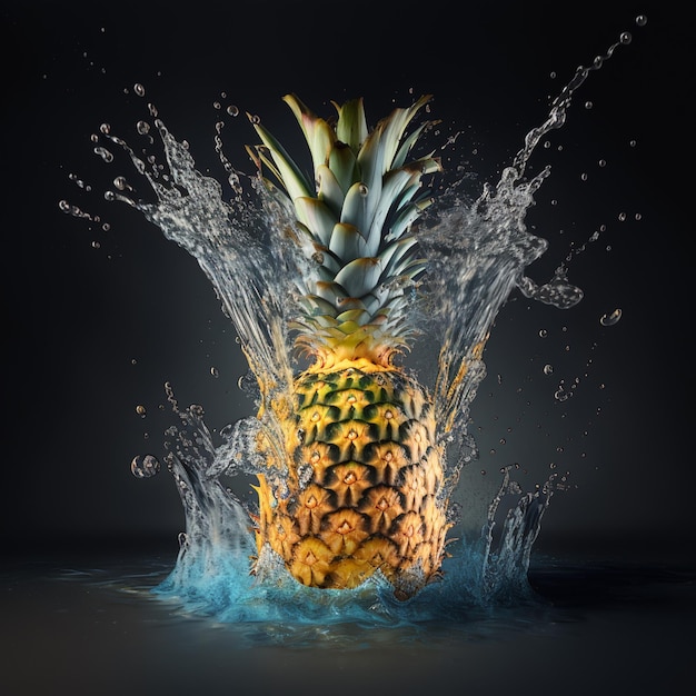 Fresh ananas fruit with water splash on Illustration background AI Generated