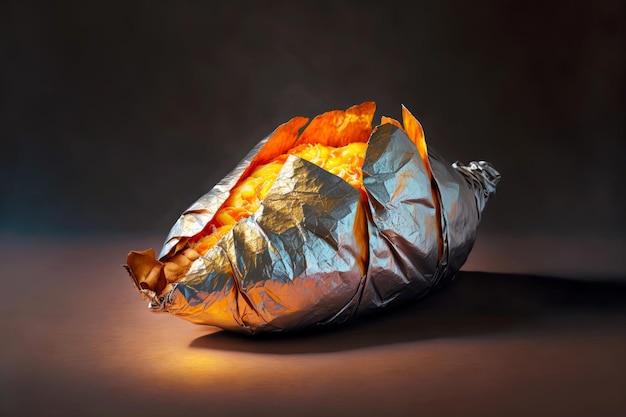 Fresh appetizing baked potatoes in foil on dark background