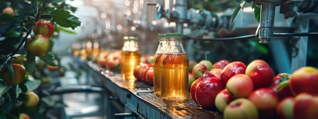 Photo fresh apple juice in a bottling factory with ripe apples