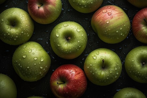 Fresh apple seamless background adorned with glistening droplets of water AI generated