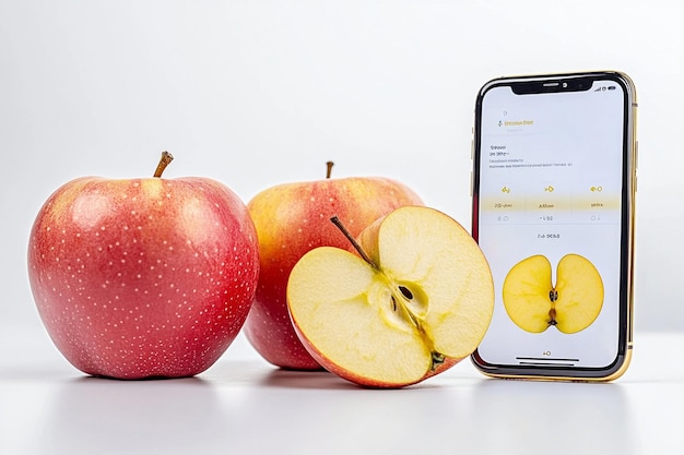 Photo fresh apple with a smartphone showing a health app on the screen set against a white background