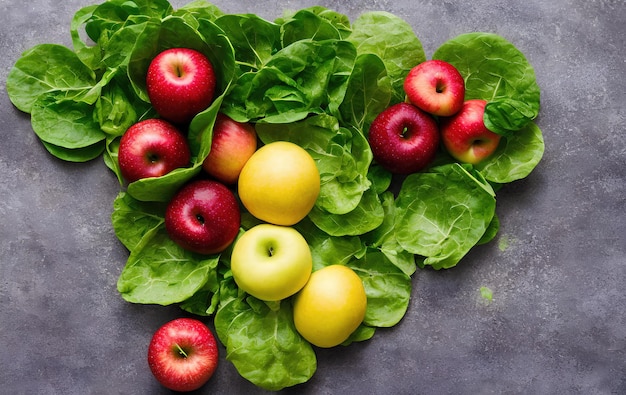 Fresh apples and green leaves