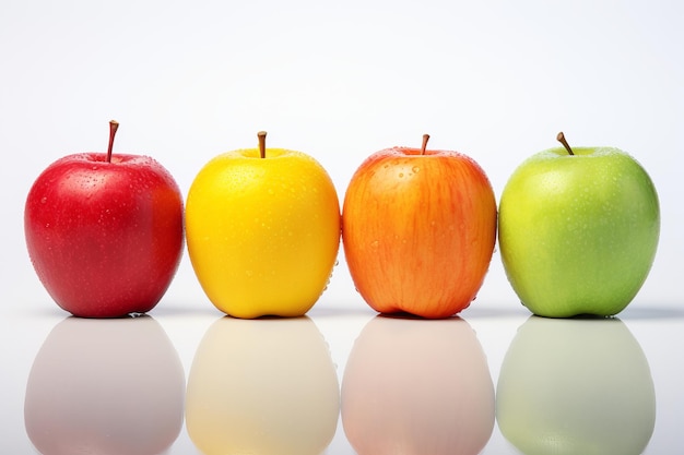 Photo fresh apples in a row showcasing a variety of colors and textures against a reflective surface