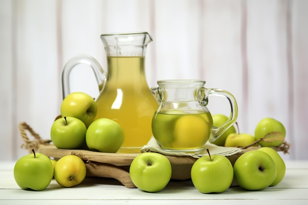 Fresh apples with juice in glass jugs on white wooden table