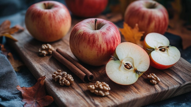 Photo fresh apples on a wooden cutting board with walnuts and cinnamon sticks in autumn setting