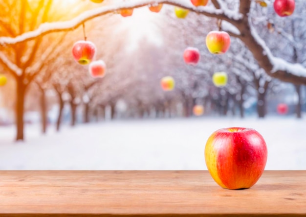 Fresh apples on a wooden table in the snow season